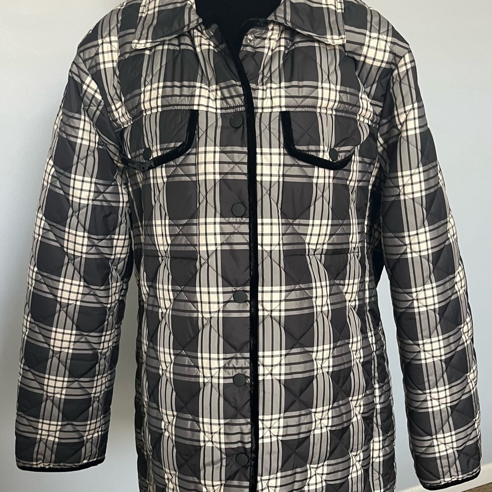 Women’s Tie Wasted Quilted Talbots Plaid Shit Jacket Black & White Size 2XL NWT
